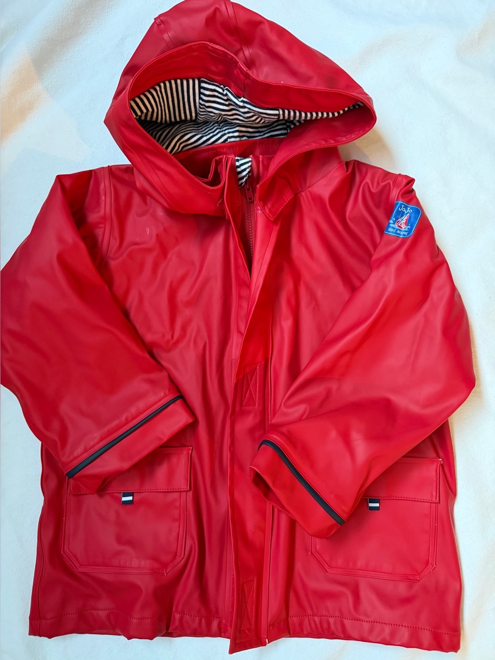 Kids Red Hooded Raincoat with Striped Lining